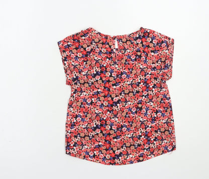 Dunnes Girls Red Floral Polyester Basic Blouse Size 7 Years Crew Neck Button