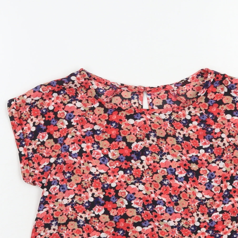 Dunnes Girls Red Floral Polyester Basic Blouse Size 7 Years Crew Neck Button