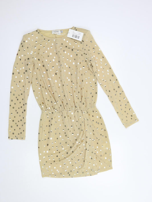 Flounce Womens Beige Polka Dot Polyamide Fit & Flare  Size 8  Crew Neck Pullover