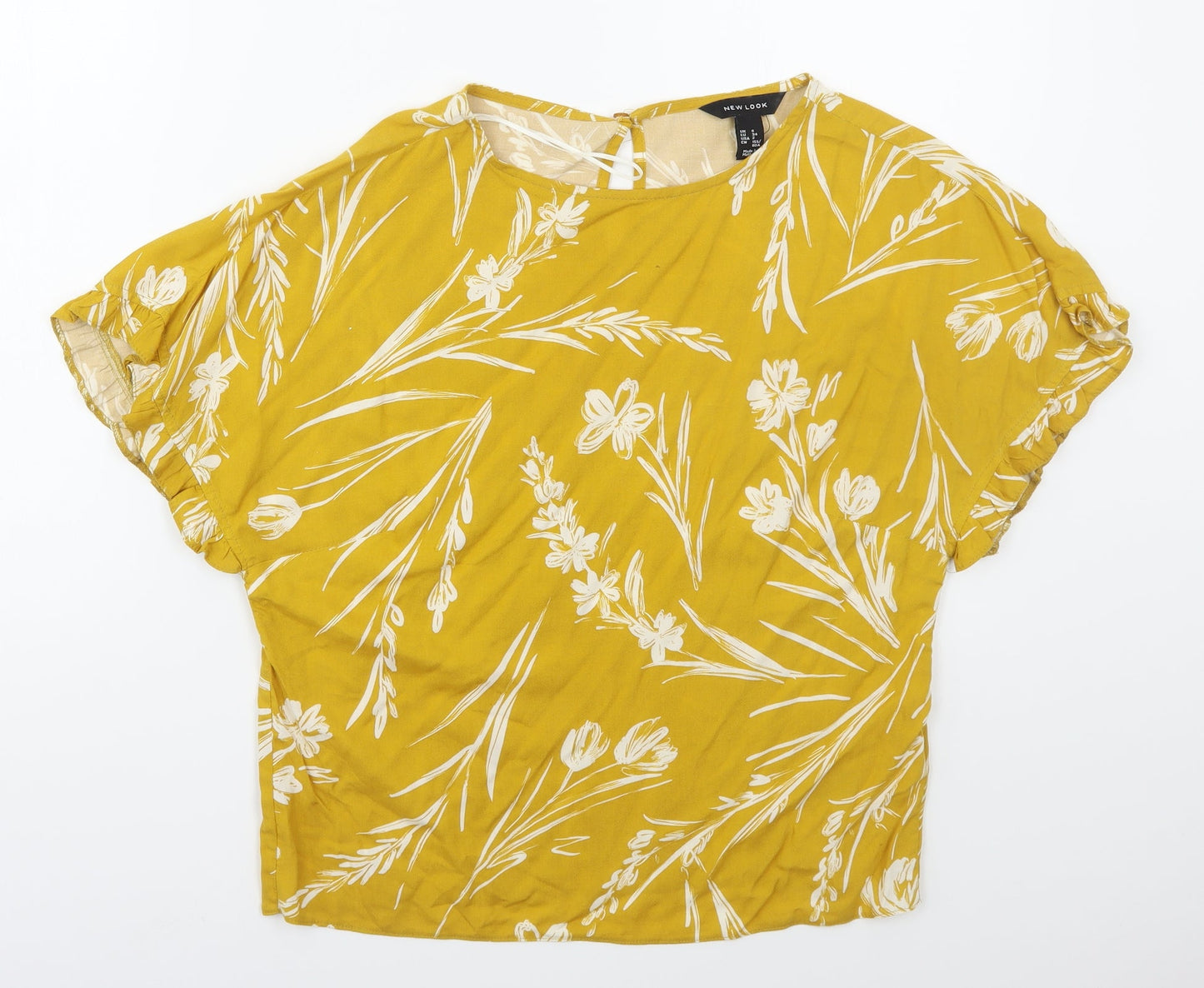 New Look Womens Yellow Floral Viscose Basic T-Shirt Size 6 Round Neck
