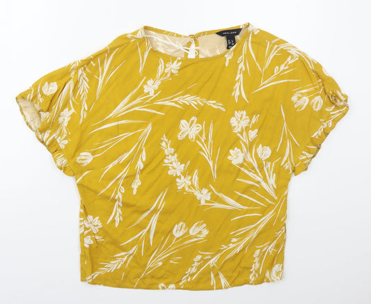 New Look Womens Yellow Floral Viscose Basic T-Shirt Size 6 Round Neck
