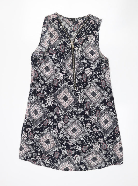Izabel Womens Black Paisley Viscose Mini  Size 10  V-Neck