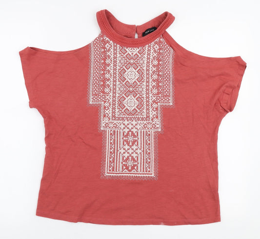 New Look Womens Orange  100% Cotton Jersey T-Shirt Size 8 Round Neck - Cold shoulder