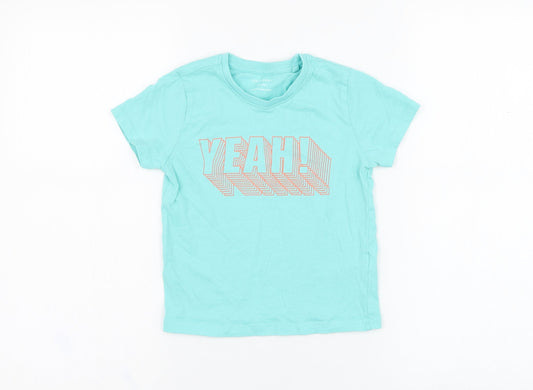 Primark Boys Blue  Cotton Basic T-Shirt Size 3-4 Years Round Neck Pullover - Yeah
