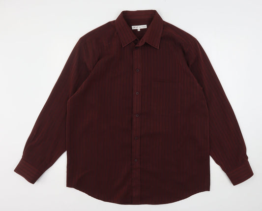 EWM Mens Red Striped Polyester  Button-Up Size L Collared