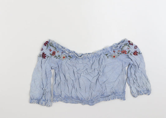 New Look Womens Blue Floral Viscose Basic Blouse Size 8 Boat Neck