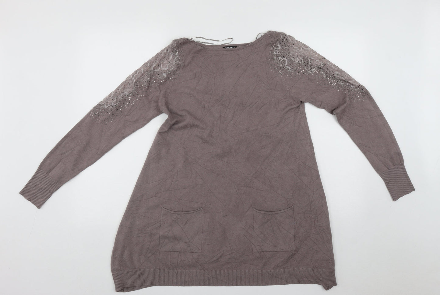 Roman Womens Beige Round Neck  Viscose Pullover Jumper Size 12