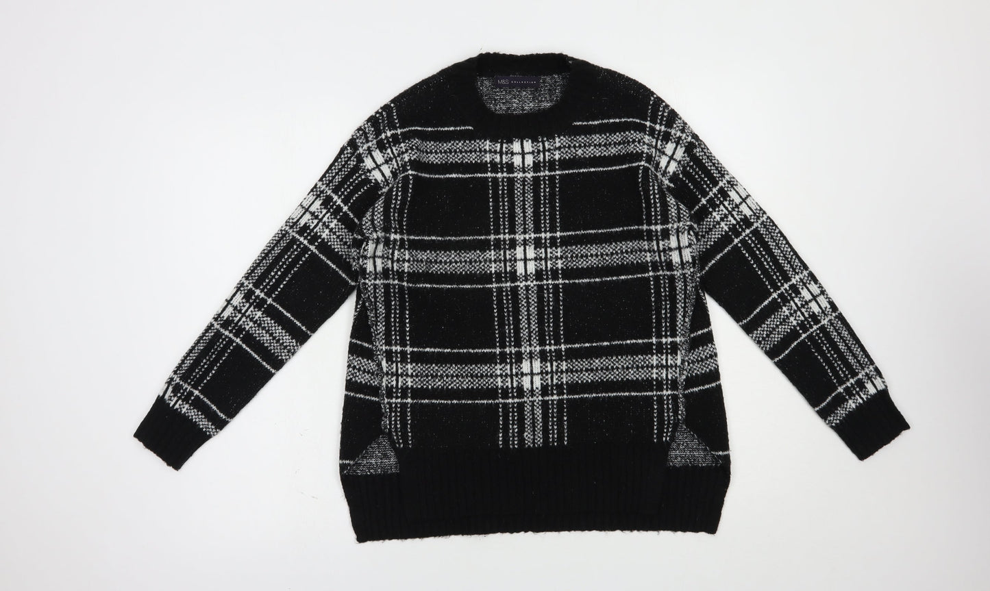 Marks and Spencer Womens Black Crew Neck Plaid Acrylic Pullover Jumper Size S