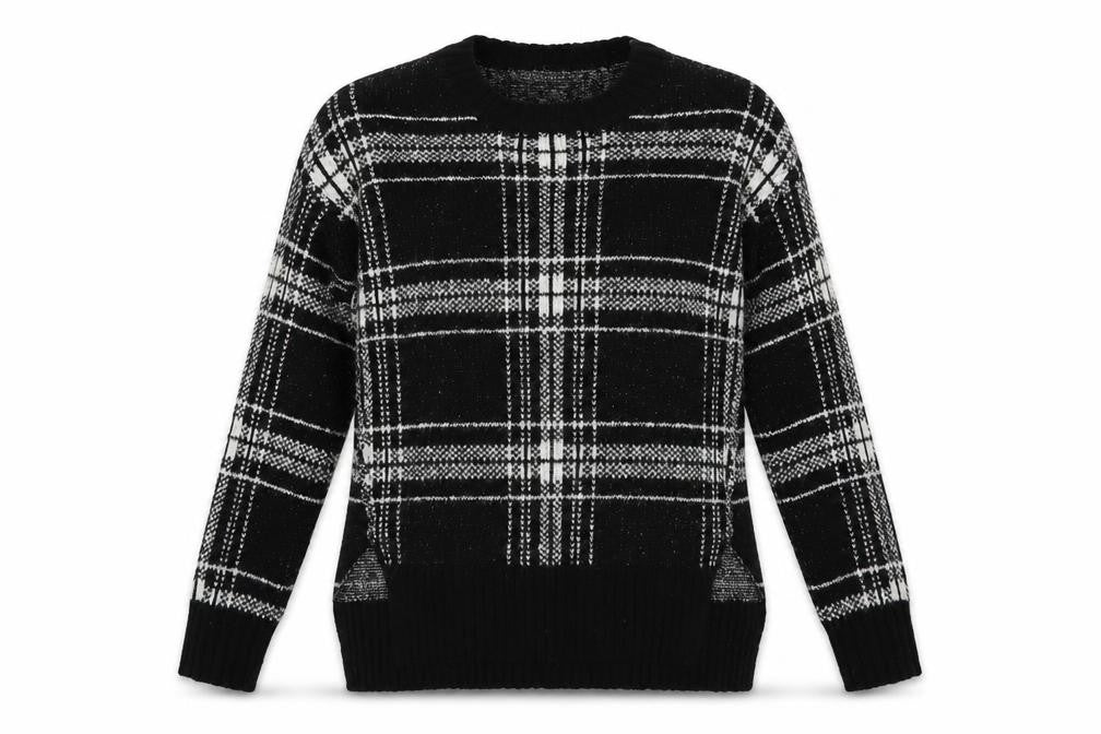 Marks & Spencer Womens Black Crew Neck Plaid Acrylic Pullover Jumper Size S