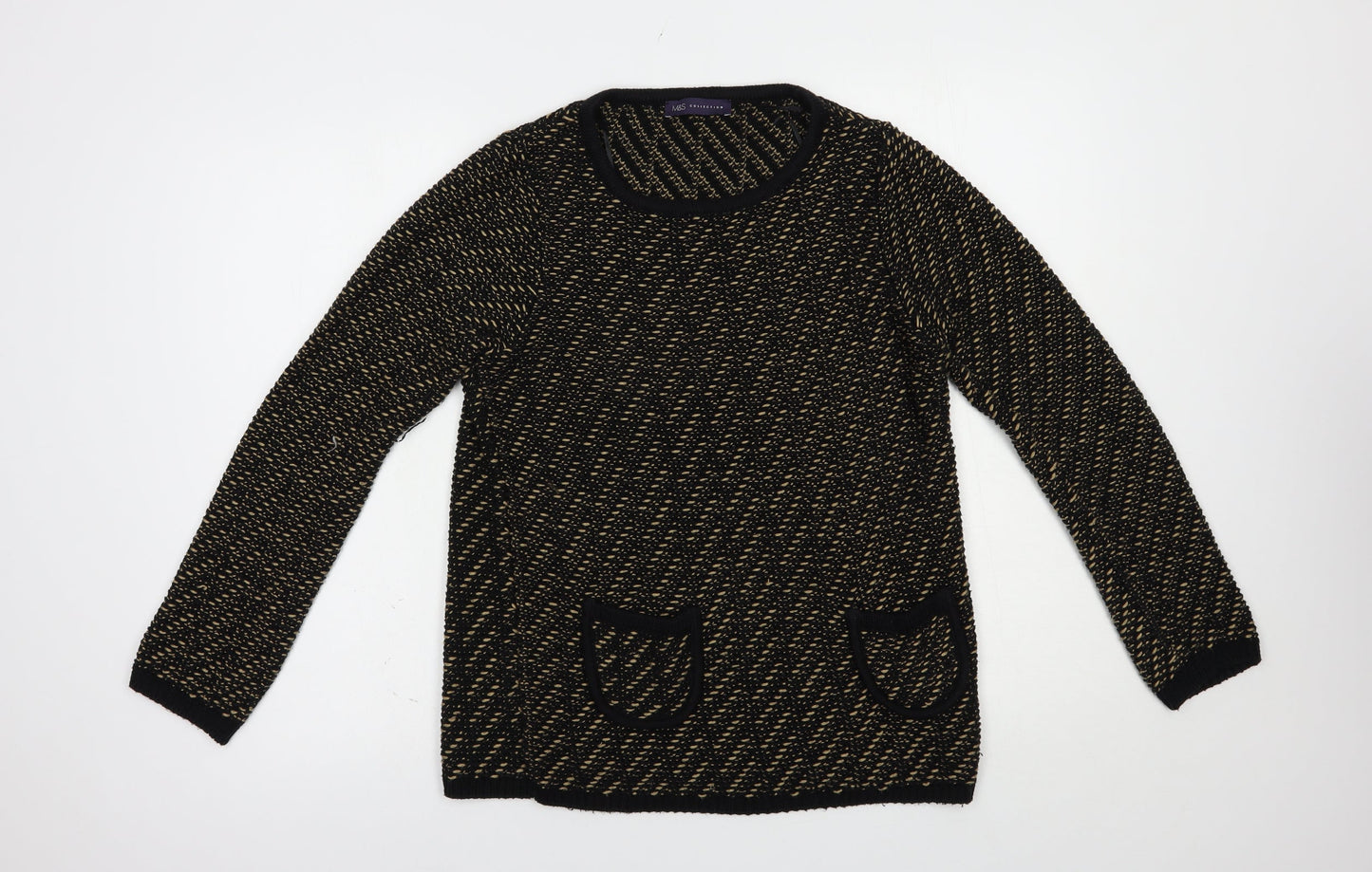 Marks and Spencer Womens Black Boat Neck Geometric Acrylic Pullover Jumper Size 10