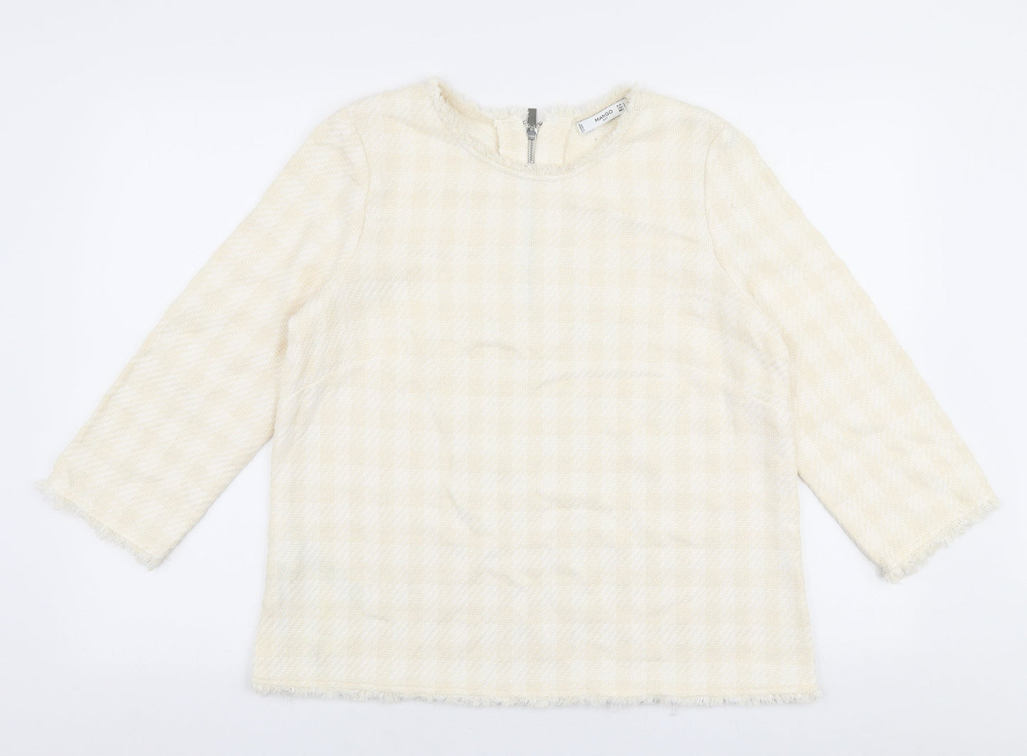 Mango Womens Ivory Round Neck Check Cotton Pullover Jumper Size L