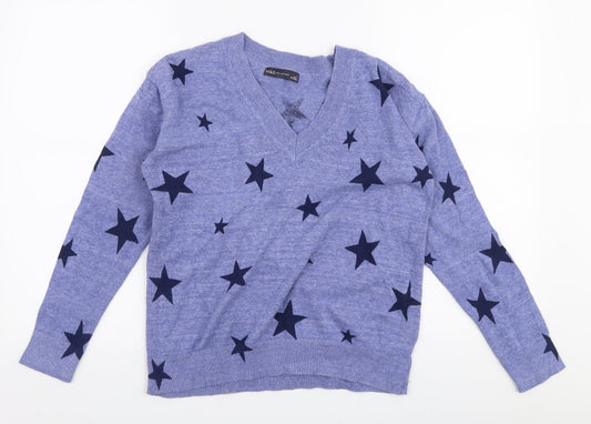 Marks and Spencer Womens Blue Boat Neck  Cotton Pullover Jumper Size S   - Stars
