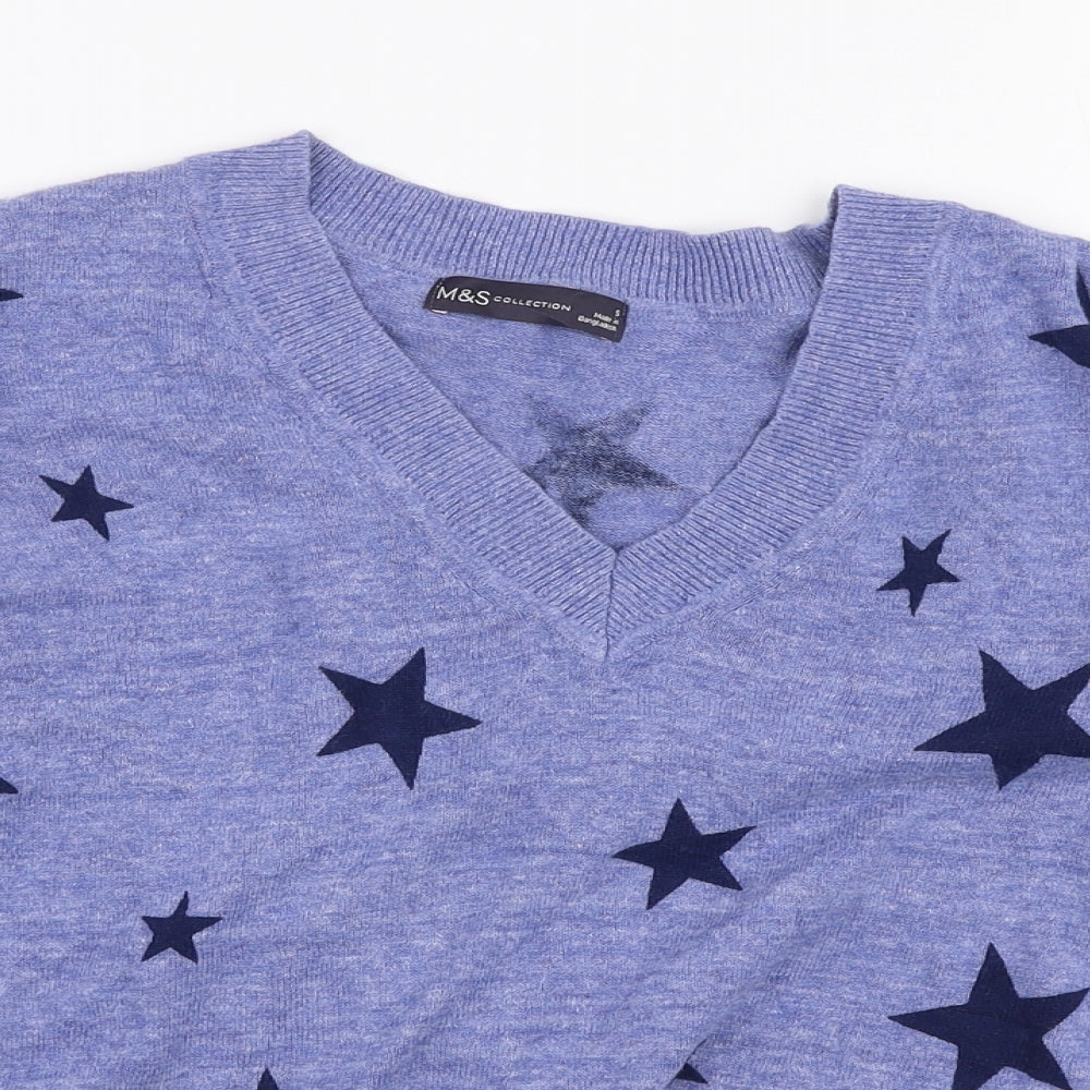 Marks and Spencer Womens Blue Boat Neck  Cotton Pullover Jumper Size S   - Stars