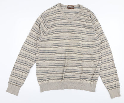 Marks & Spencer Mens Beige V-Neck Striped Viscose Pullover Jumper Size L