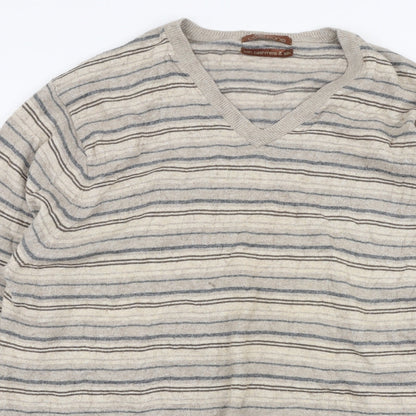 Marks & Spencer Mens Beige V-Neck Striped Viscose Pullover Jumper Size L