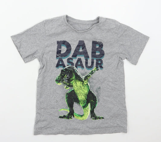 Preworn Boys Grey  Cotton Basic T-Shirt Size 7-8 Years Crew Neck Pullover - Dabasaur