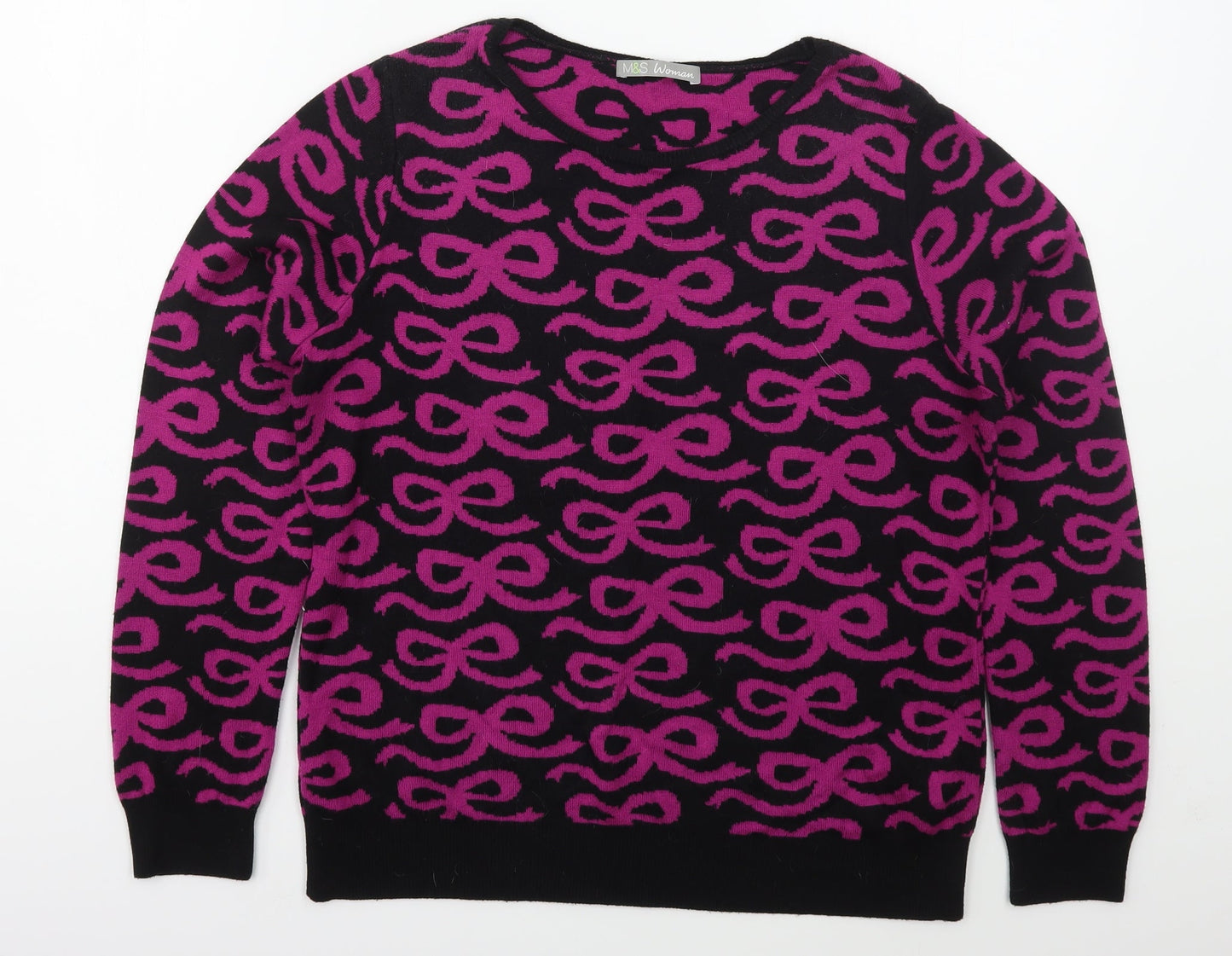 Marks and Spencer Womens Black Crew Neck Geometric Acrylic Pullover Jumper Size 14   - Pink Bows