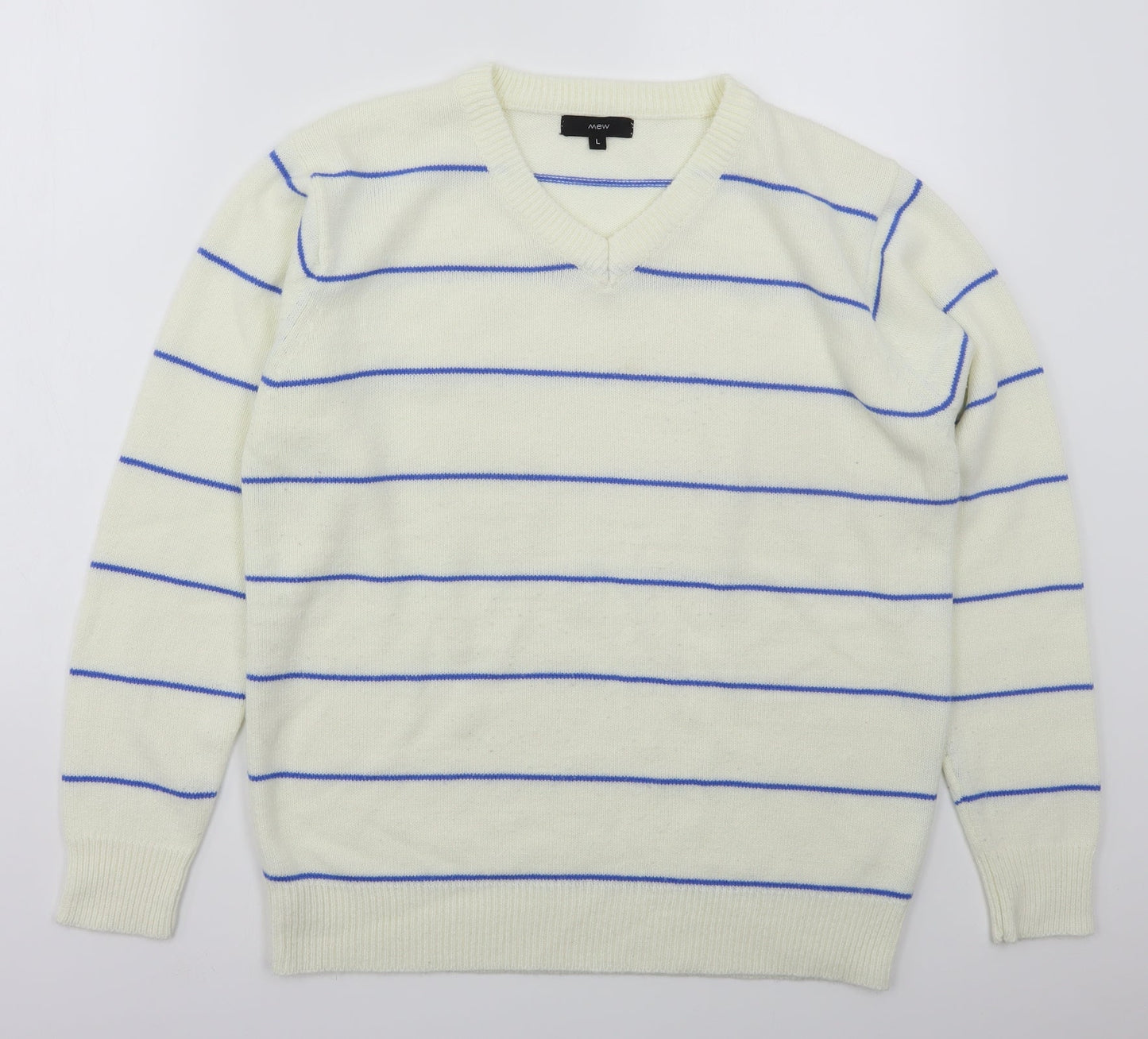 Mew Mens Ivory V-Neck Striped Acrylic Pullover Jumper Size L   - Blue
