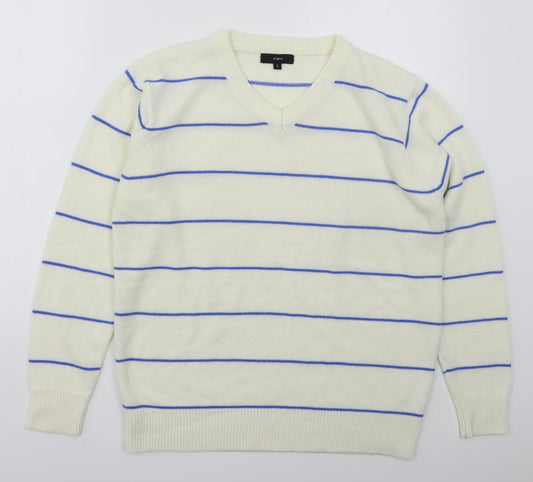 Mew Mens Ivory V-Neck Striped Acrylic Pullover Jumper Size L   - Blue