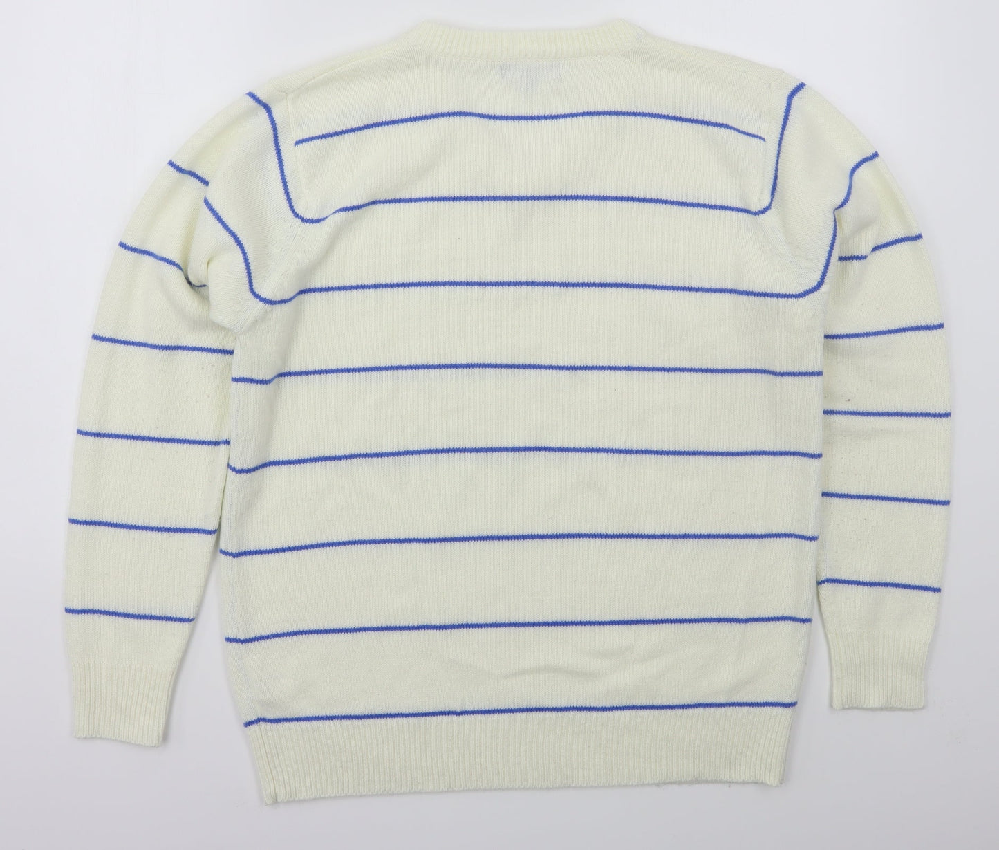 Mew Mens Ivory V-Neck Striped Acrylic Pullover Jumper Size L   - Blue