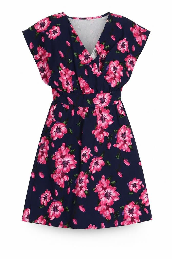 BLUE VANILLA Womens Blue Floral Polyester Fit & Flare  Size 8  V-Neck Pullover