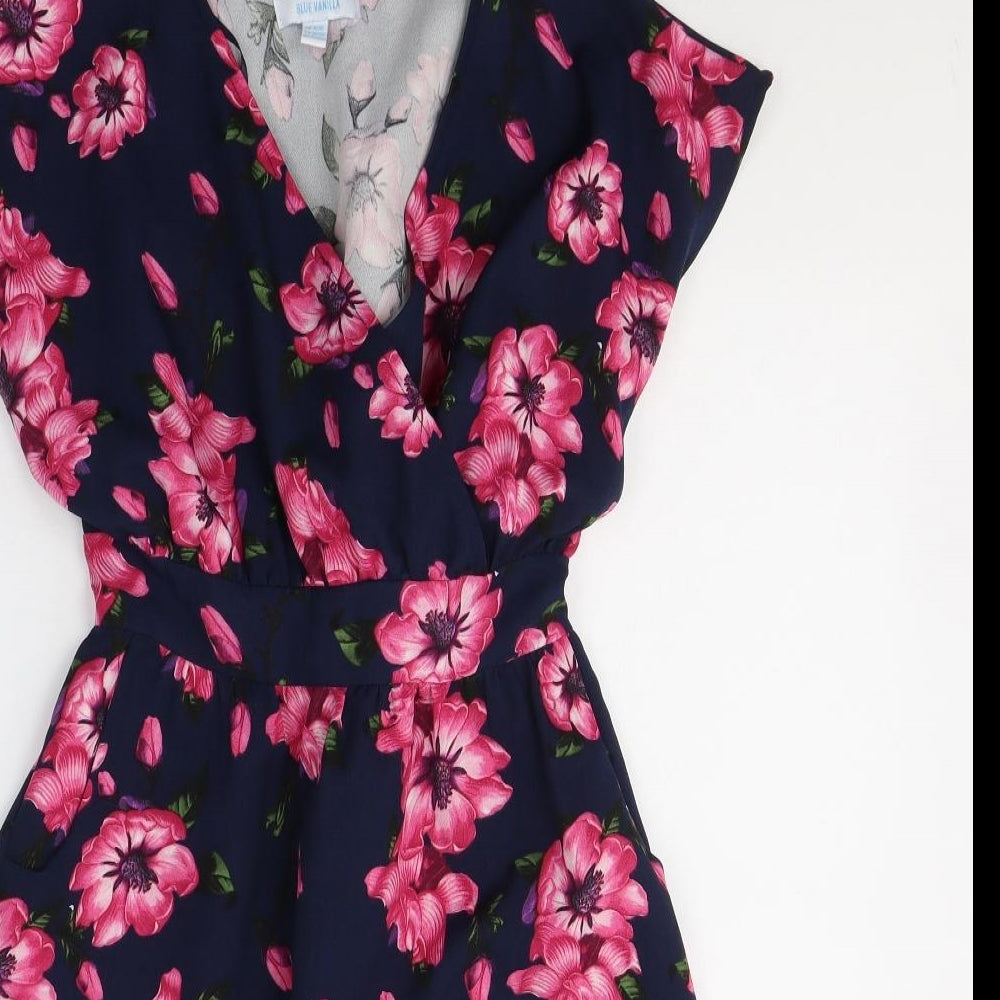BLUE VANILLA Womens Blue Floral Polyester Fit & Flare  Size 8  V-Neck Pullover