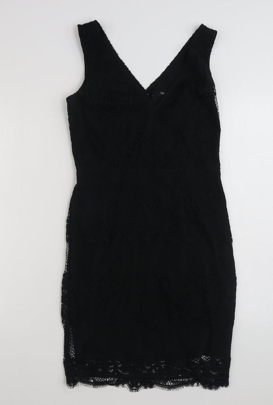 NEXT Womens Black Floral Polyester Shift  Size 8  V-Neck Zip