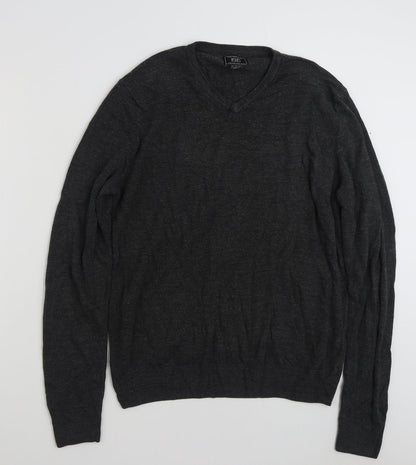 Preloved F&F Mens Grey V-Neck  Acrylic Pullover Jumper Size L - Front