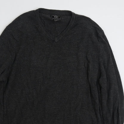 Preloved F&F Mens Grey V-Neck  Acrylic Pullover Jumper Size L - Detail