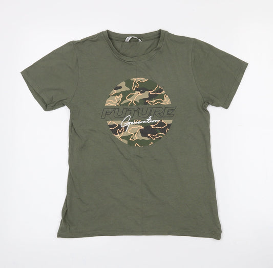 Pep & Co Girls Green Camouflage 100% Cotton Pullover T-Shirt Size 10-11 Years Crew Neck  - Future Generation