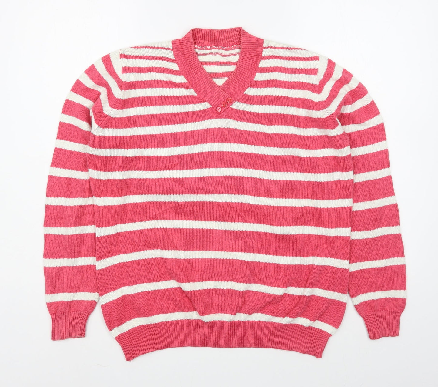 EWM Womens Pink V-Neck Striped Cotton Pullover Jumper Size M