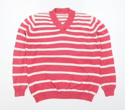 EWM Womens Pink V-Neck Striped Cotton Pullover Jumper Size M