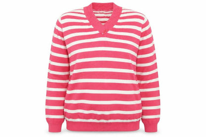 EWM Womens Pink V-Neck Striped Cotton Pullover Jumper Size M