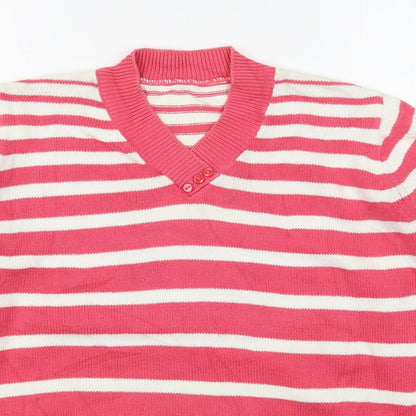 EWM Womens Pink V-Neck Striped Cotton Pullover Jumper Size M