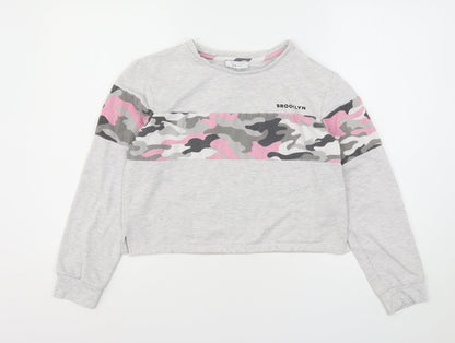 Preloved New Look Girls Grey Camouflage Polyester Pullover Sweatshirt Size L   - Cropped - Front