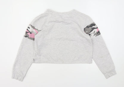 Preloved New Look Girls Grey Camouflage Polyester Pullover Sweatshirt Size L   - Cropped - Back