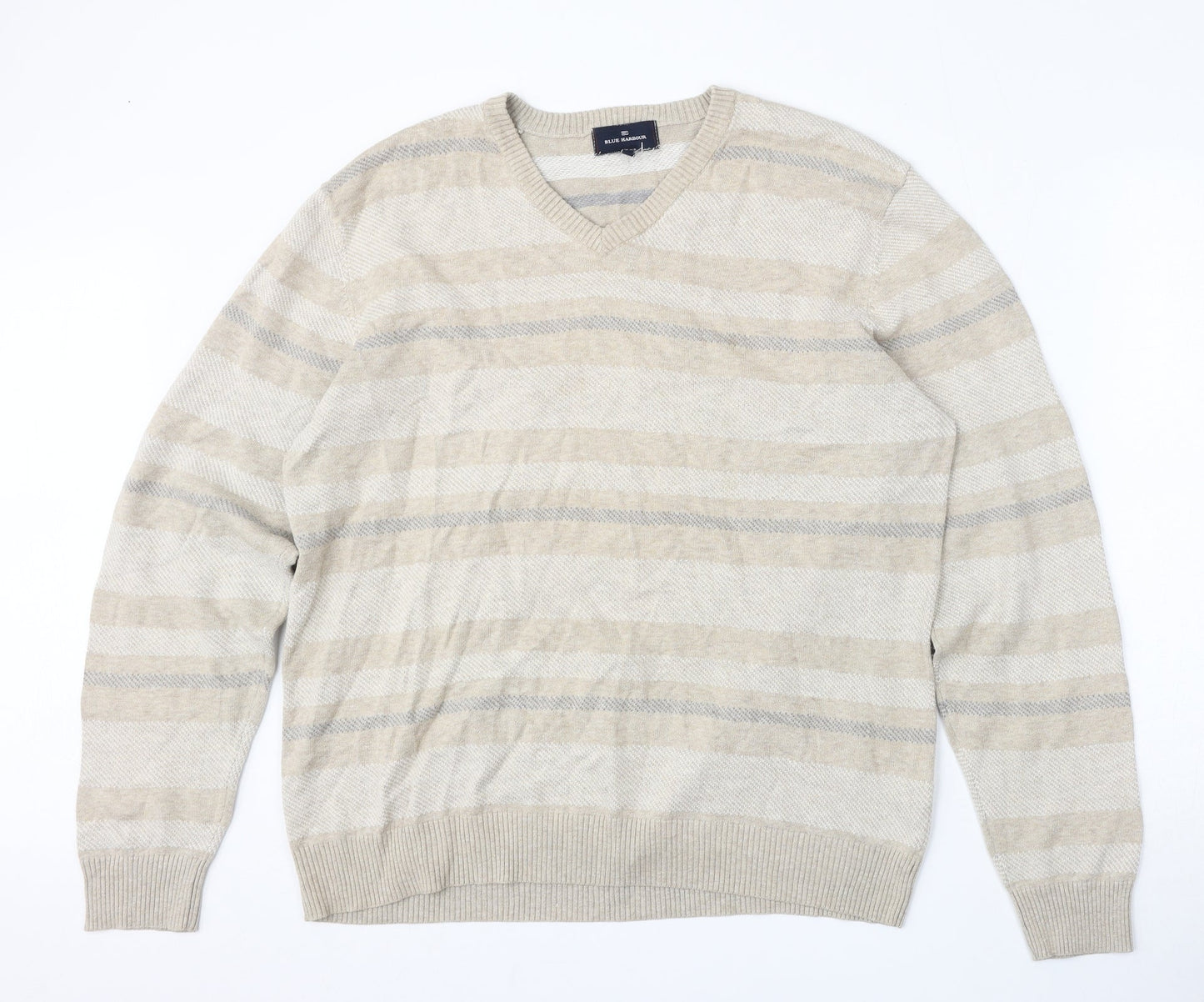 Marks and Spencer Womens Beige Round Neck Striped Cotton Pullover Jumper Size L