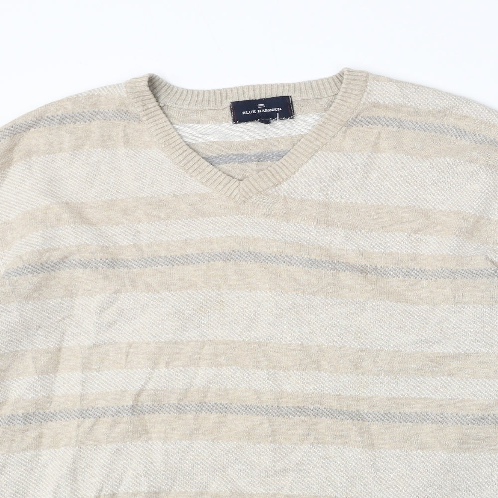 Marks and Spencer Womens Beige Round Neck Striped Cotton Pullover Jumper Size L