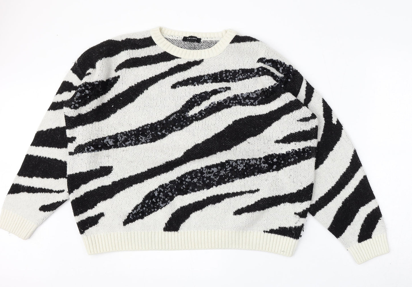 New Look Womens White Round Neck Animal Print Acrylic Pullover Jumper Size L