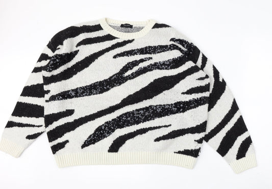 New Look Womens White Round Neck Animal Print Acrylic Pullover Jumper Size L