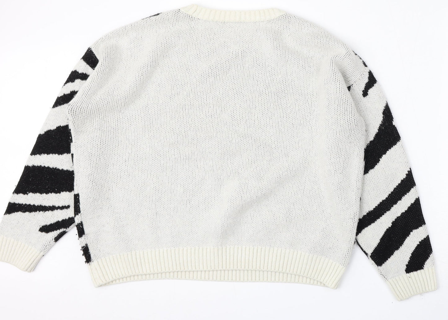 New Look Womens White Round Neck Animal Print Acrylic Pullover Jumper Size L