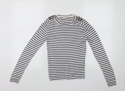 Miss Selfridge Womens White Round Neck Striped Acrylic Pullover Jumper Size 10