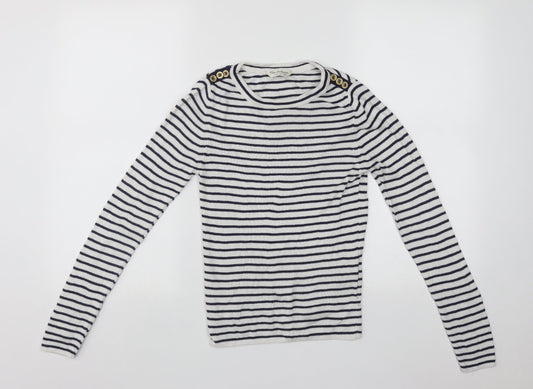 Miss Selfridge Womens White Round Neck Striped Acrylic Pullover Jumper Size 10