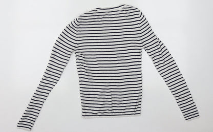 Miss Selfridge Womens White Round Neck Striped Acrylic Pullover Jumper Size 10