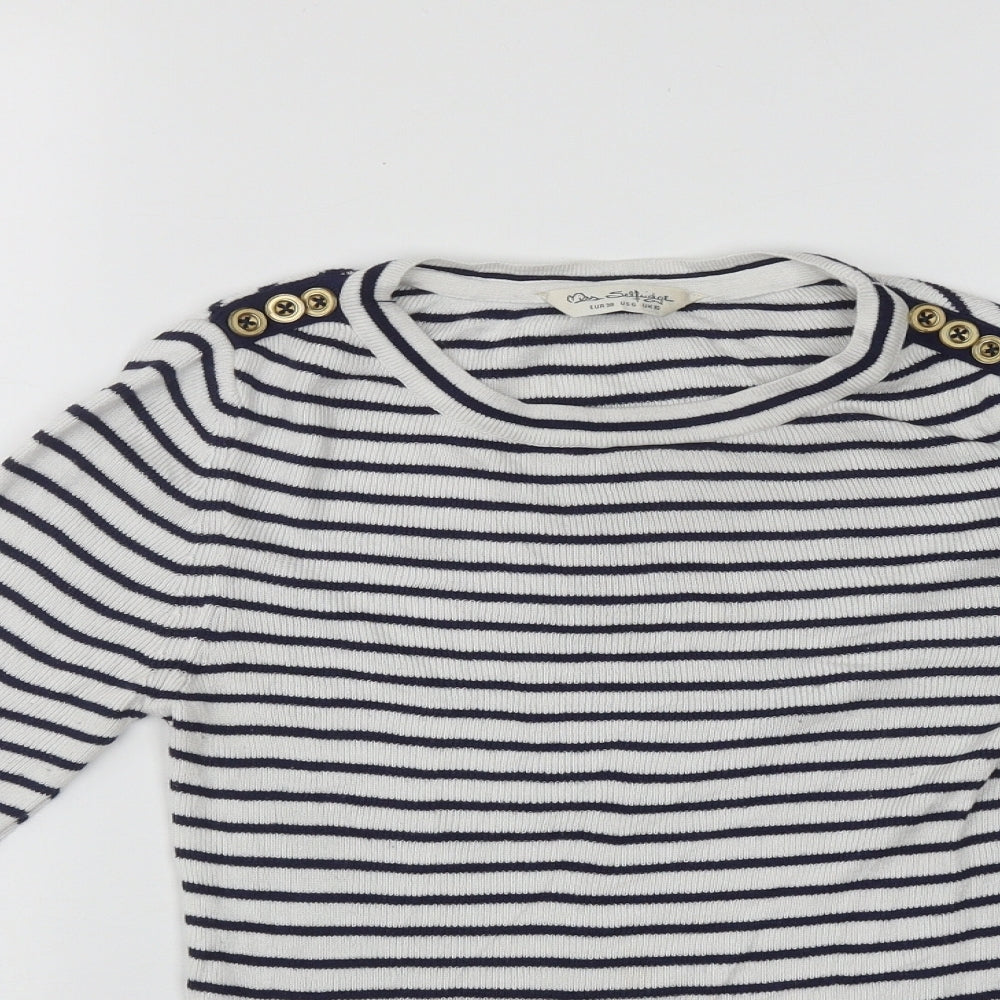 Miss Selfridge Womens White Round Neck Striped Acrylic Pullover Jumper Size 10