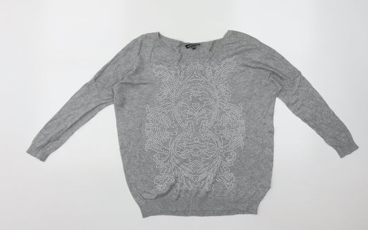 Warehouse Womens Grey Round Neck Geometric Viscose Pullover Jumper Size 10