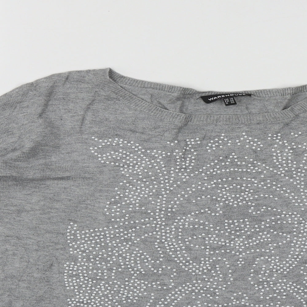 Warehouse Womens Grey Round Neck Geometric Viscose Pullover Jumper Size 10