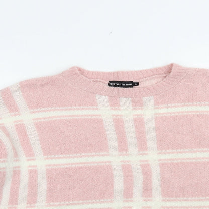 PRETTYLITTLETHING Womens Pink Crew Neck Check Acrylic Pullover Jumper Size M