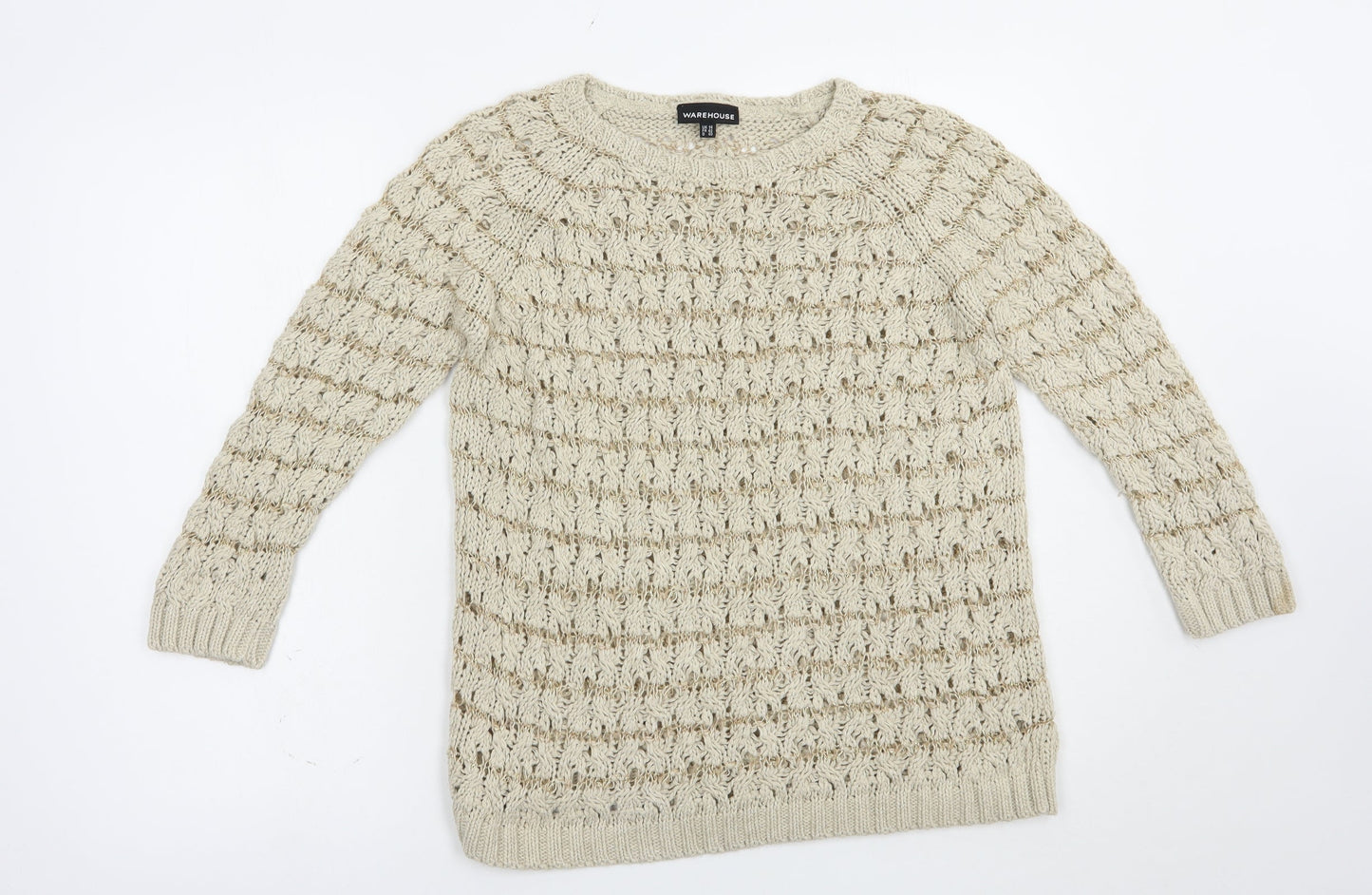 Warehouse Womens Beige Boat Neck  Cotton Pullover Jumper Size 14