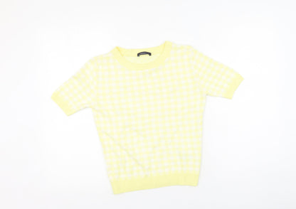 Marks & Spencer Womens Yellow Plaid Viscose Basic T-Shirt Size 8 Round Neck